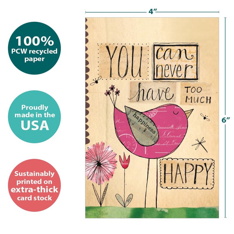 Tree-Free Greetings Never Too Happy All Occasion Cards - 12 Recycled 4x6 Notecards & White Envelopes, Thick Cardstock, Made in USA - Whimsical Bird Collage - Image 3